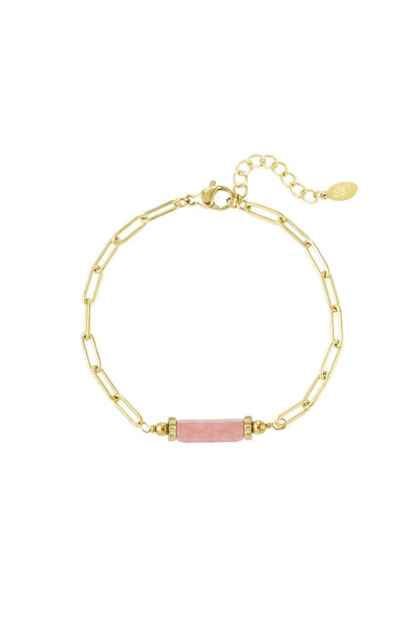 Link bracelet with stone pendant - Natural stones collection Pink &amp; Gold Color Stainless Steel 2