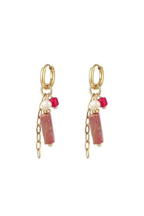 Earrings rectangular stone and beads Pink &amp; Gold Color Stainless Steel