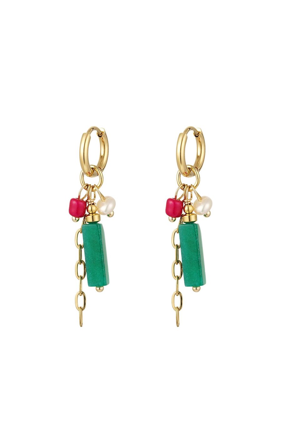 Earrings rectangular stone and beads Pink & Gold Color Stainless Steel 