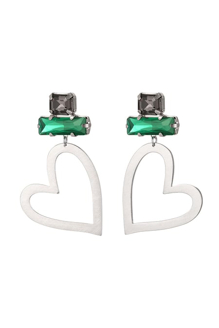 Heart earrings with glass beads Green & Silver Color Stainless Steel