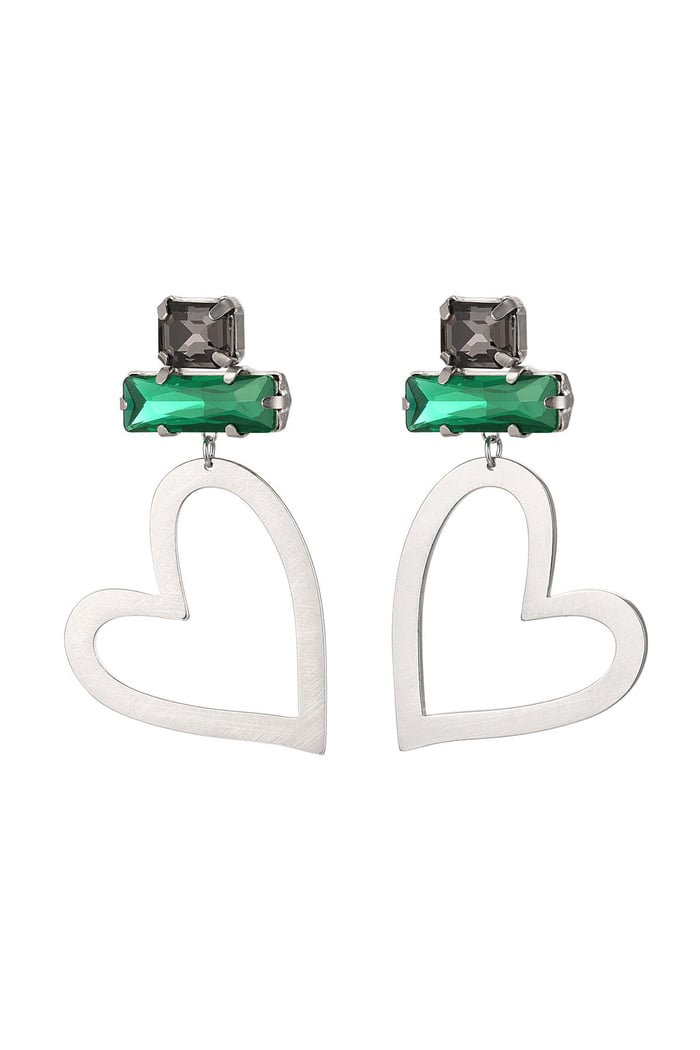 Heart earrings with glass beads Green & Silver Color Stainless Steel 