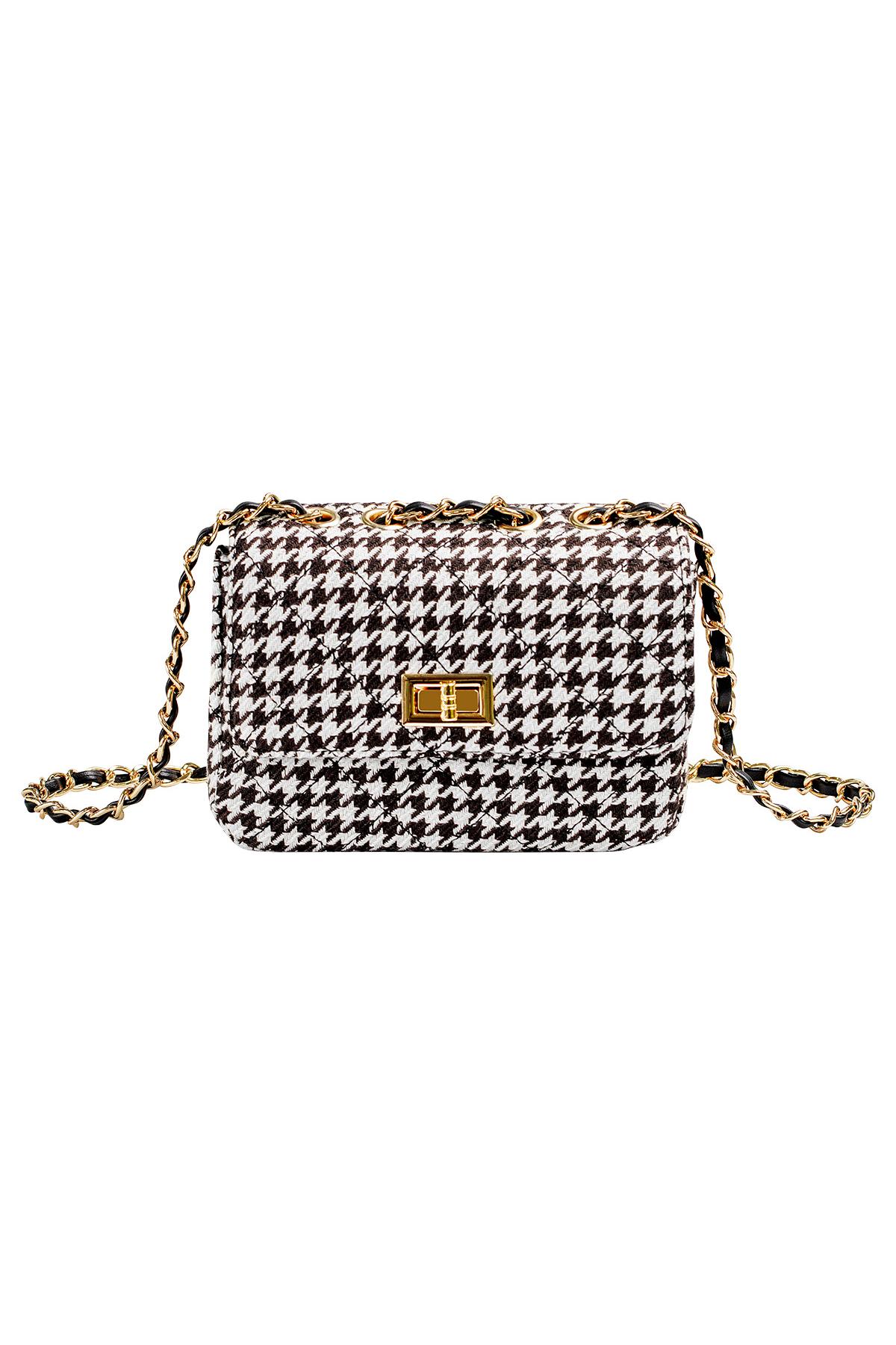 Checkered bag with metal strap and closure Black &amp; White Polyester 