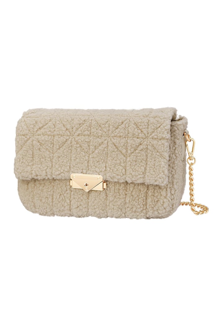 Handbag with teddy fabric stitched Beige PU 