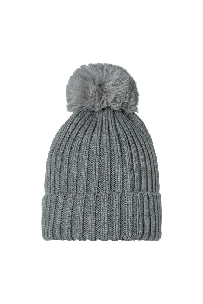 Beanie Furry Pompon Grey Acrylic 