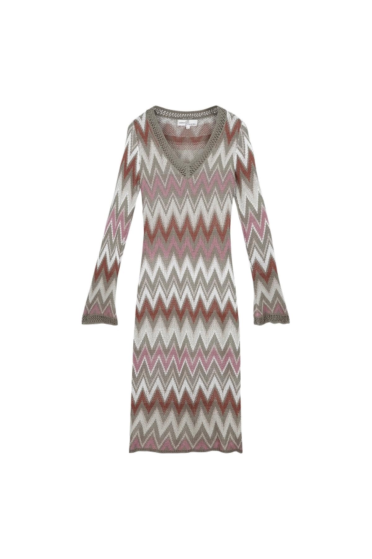 Crochet flare long sleeve dress Beige S