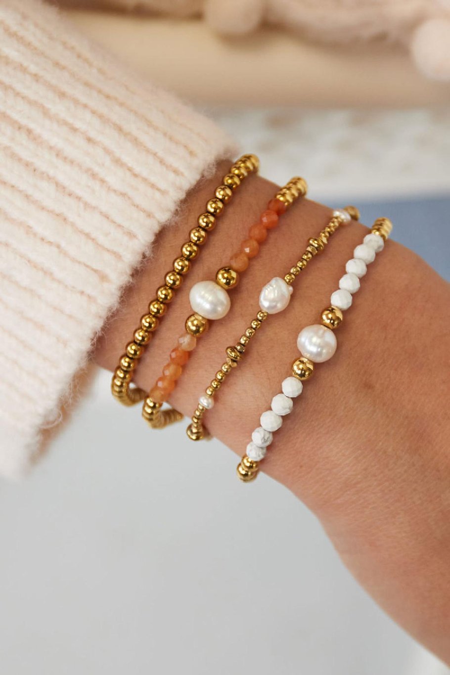 Beaded bracelet with colorful stones and 1 pearl Blue &amp; Gold color Stainless Steel Picture2