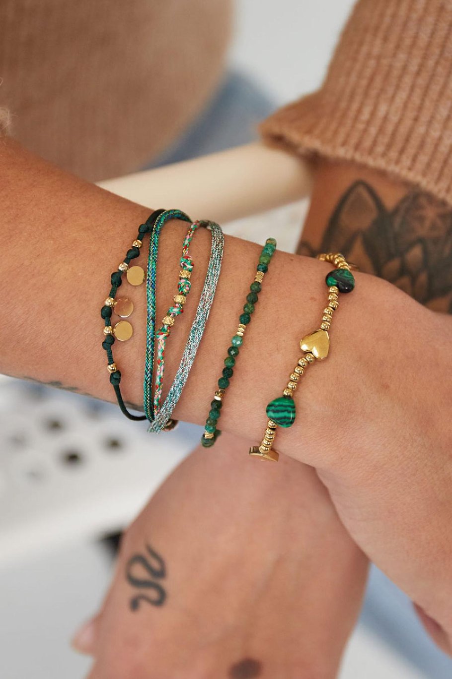 Bracelet colored beads - Natural stones collection Green &amp; Gold color Stainless Steel Picture4
