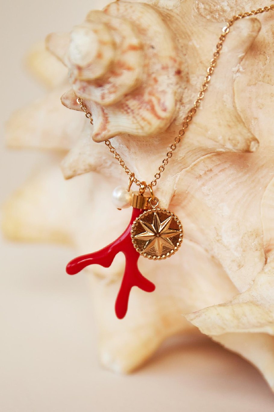 Ketting Red Coral Goud kleur Stainless Steel Afbeelding3