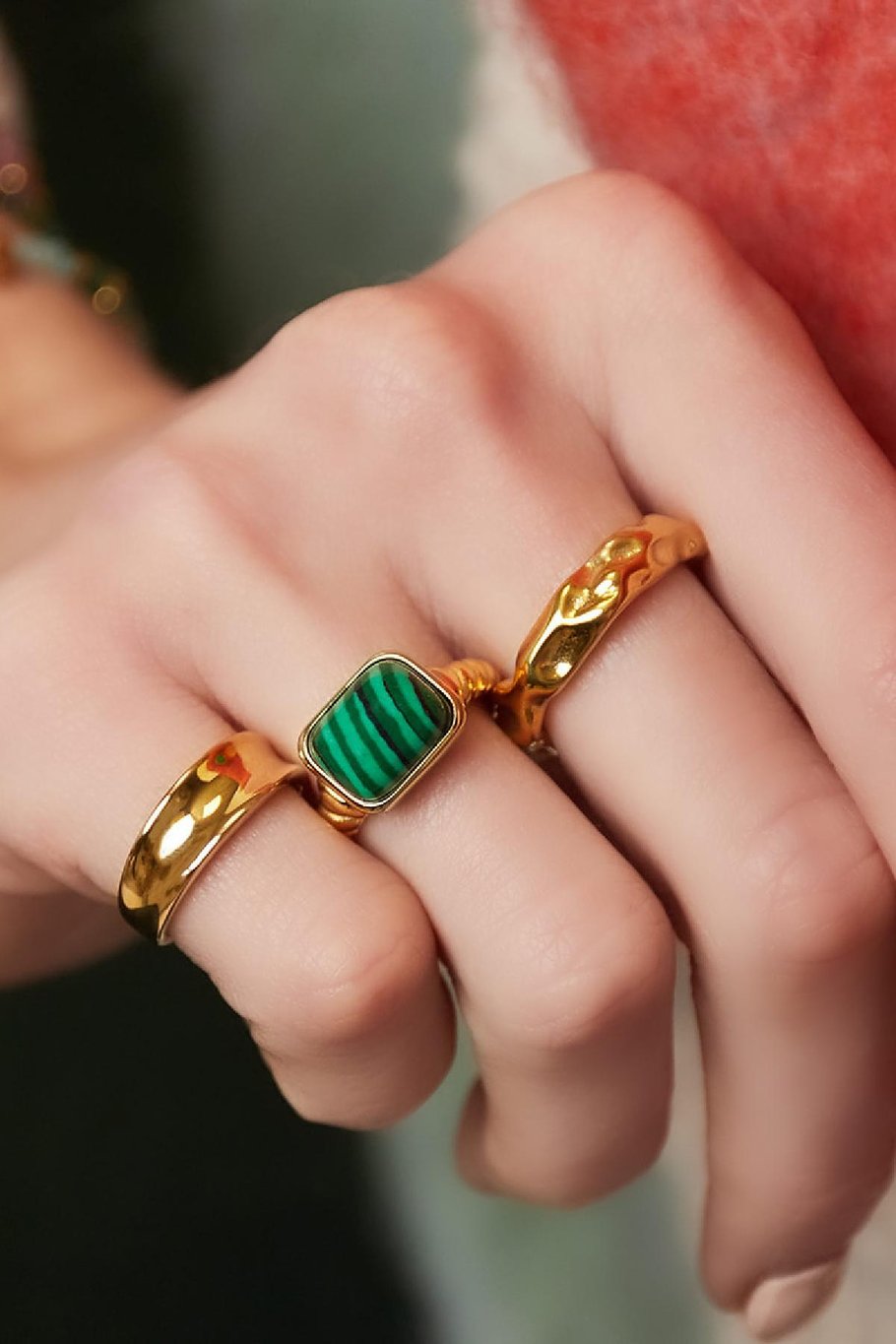 Bague en acier inoxydable pierre carrée Vert &amp; Couleur or 16 Image3
