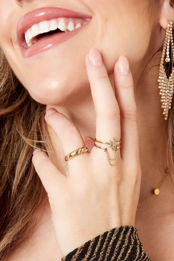 Ring star with chain Gold Color Stainless Steel One size