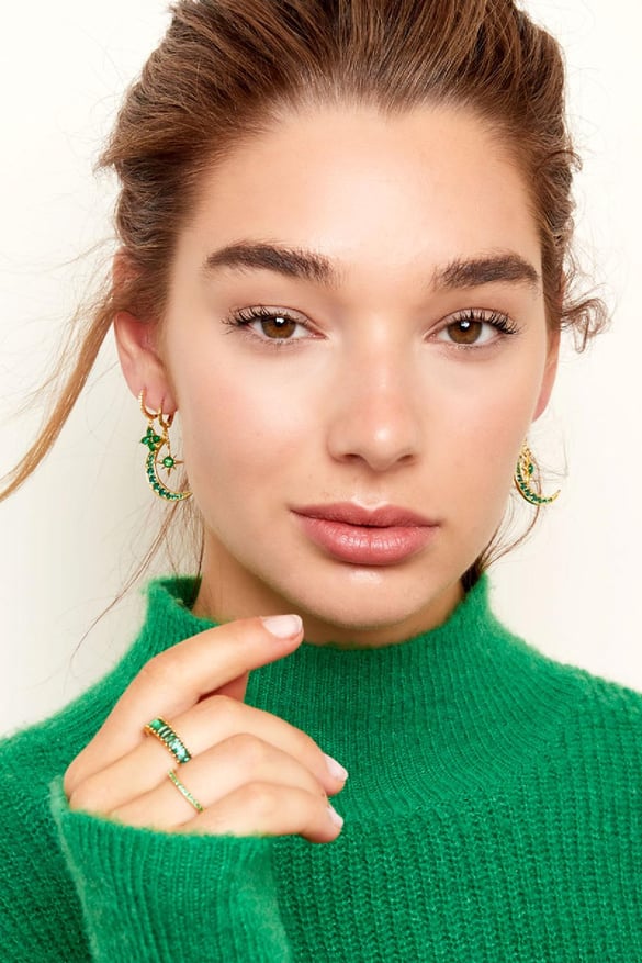 Earrings moon and star - Sparkle collection Green &amp; Gold Color Copper 2