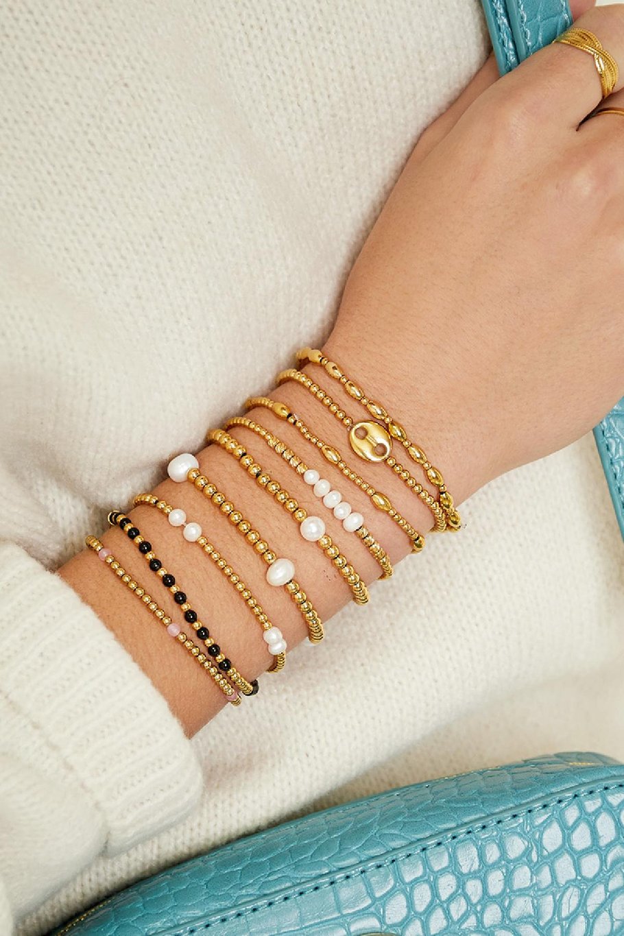 Bracelet Pearl Beads  Gold Stainless Steel Immagine2