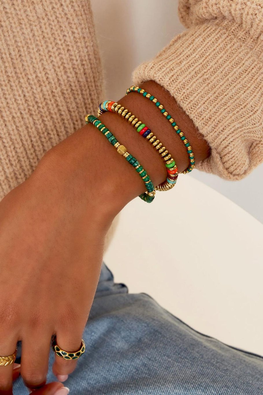 Bracelet with small colored stones Green &amp; Gold color Stainless Steel Picture2