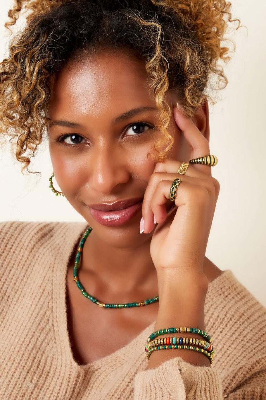 Bracelet with small colored stones Green &amp; Gold color Stainless Steel Picture3