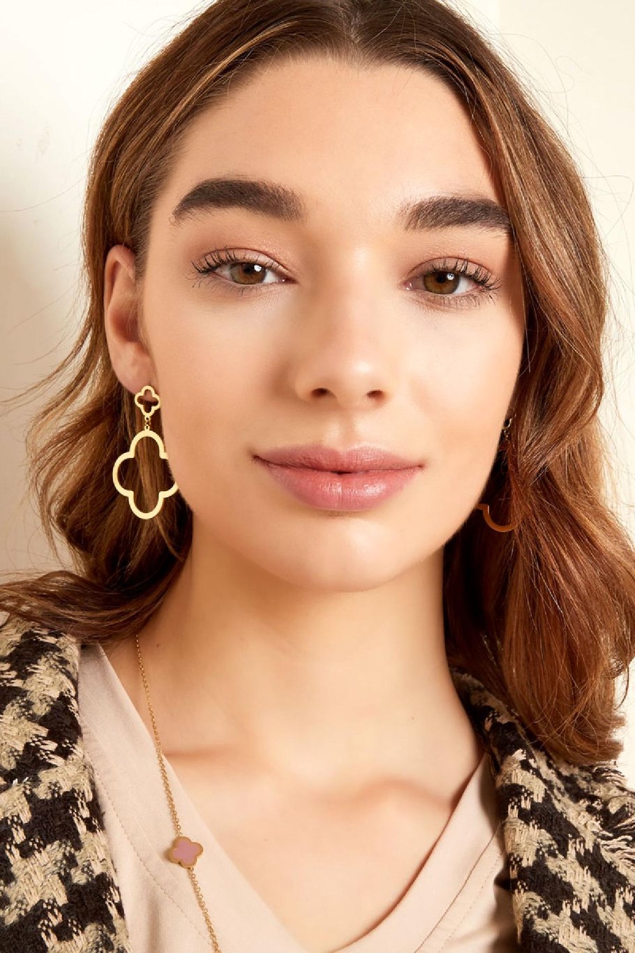 Earrings 2 clovers Gold Color Stainless Steel Picture2