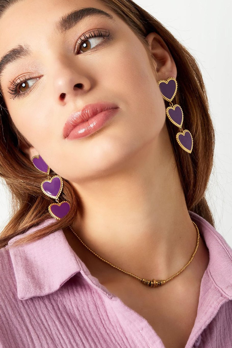 Earrings 3 graceful hearts in a row Purple Stainless Steel Picture2