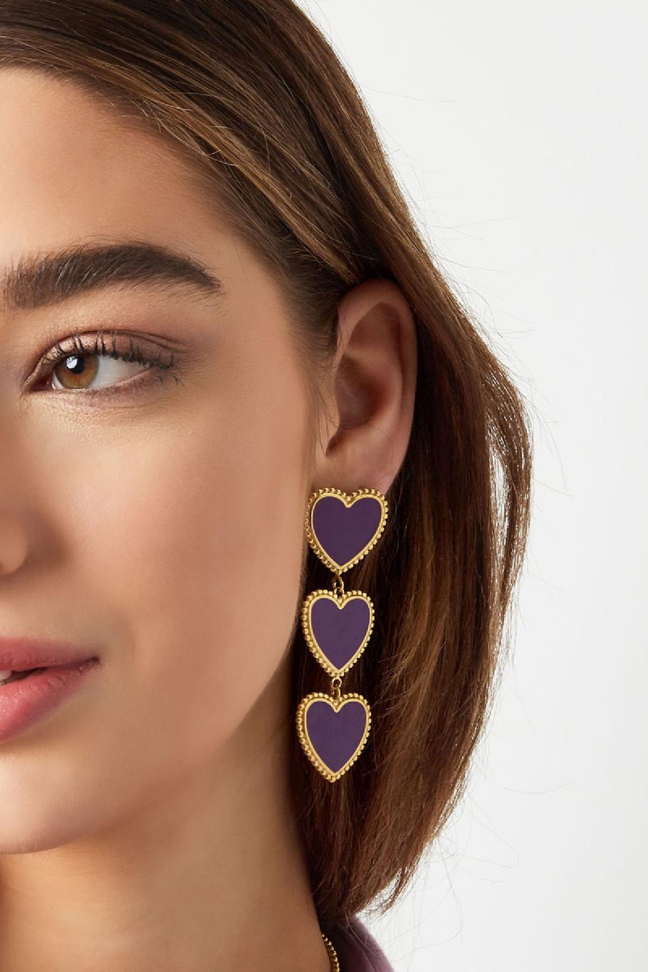 Earrings 3 graceful hearts in a row Purple Stainless Steel Picture4