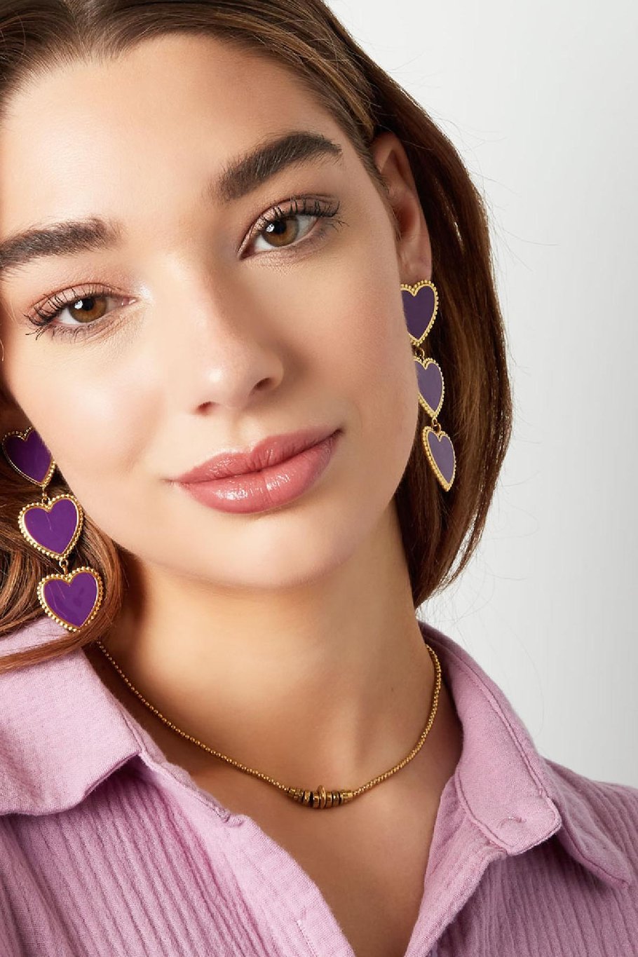 Earrings 3 graceful hearts in a row Purple Stainless Steel Picture5
