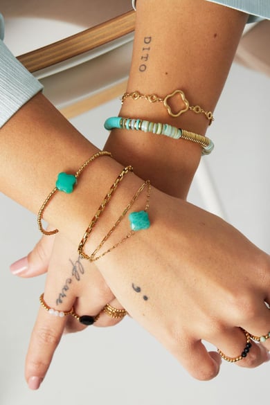Double bracelet with clover - Natural stones collection Green &amp; Gold Color Stainless Steel h5 Picture2