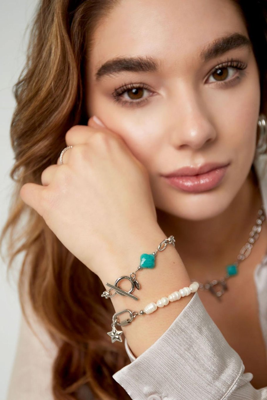 Link bracelet with clover stone - Natural stone collection Green &amp; Gold Color Stainless Steel Picture2