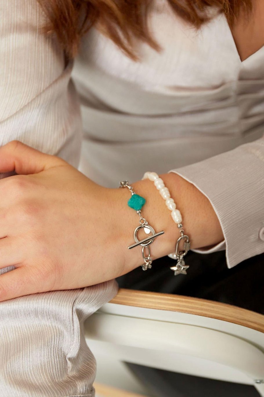 Link bracelet with clover stone - Natural stone collection Green &amp; Gold Color Stainless Steel Picture4
