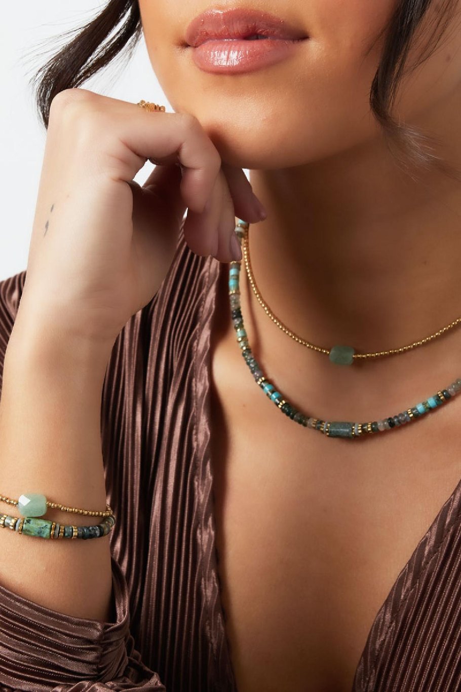 Bracelet beads party - Natural stones collection Green &amp; Gold Color Stainless Steel Picture2