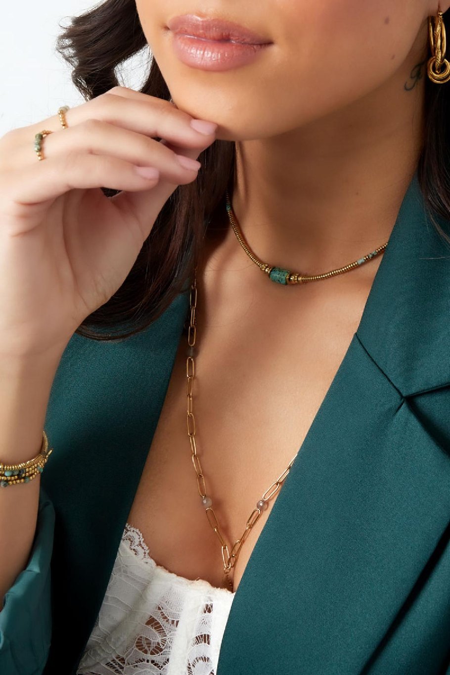 Bracelet thin beads with charm - Natural Stones collection Green &amp; Gold Color Stainless Steel Picture4