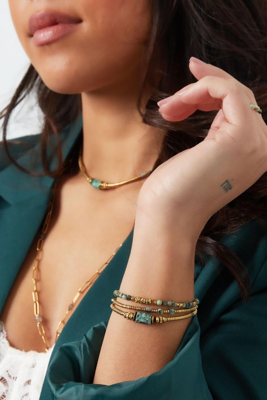 Bracelet thin beads with charm - Natural Stones collection Green &amp; Gold Color Stainless Steel Picture2