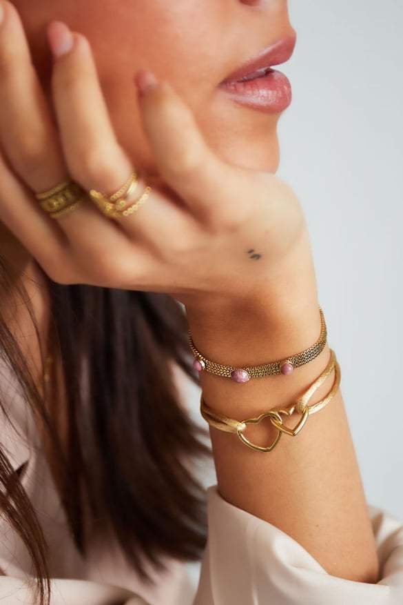 Stoffarmband Herzen Rosè &amp; Goldfarbe Edelstahl