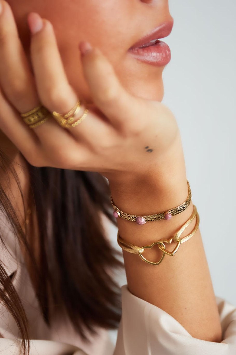 Stoffarmband Herzen Rosè &amp; Goldfarbe Edelstahl Bild2