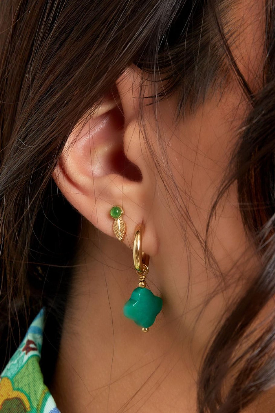 Ear studs leaf &amp; stone - Natural stone collection White Gold Color Stainless Steel Picture2