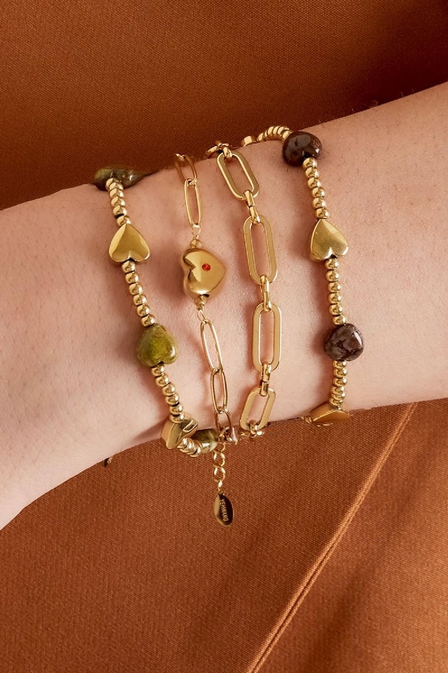 Pulsera de eslabones con corazón Verde &amp; Color dorado Acero inoxidable Imagen4