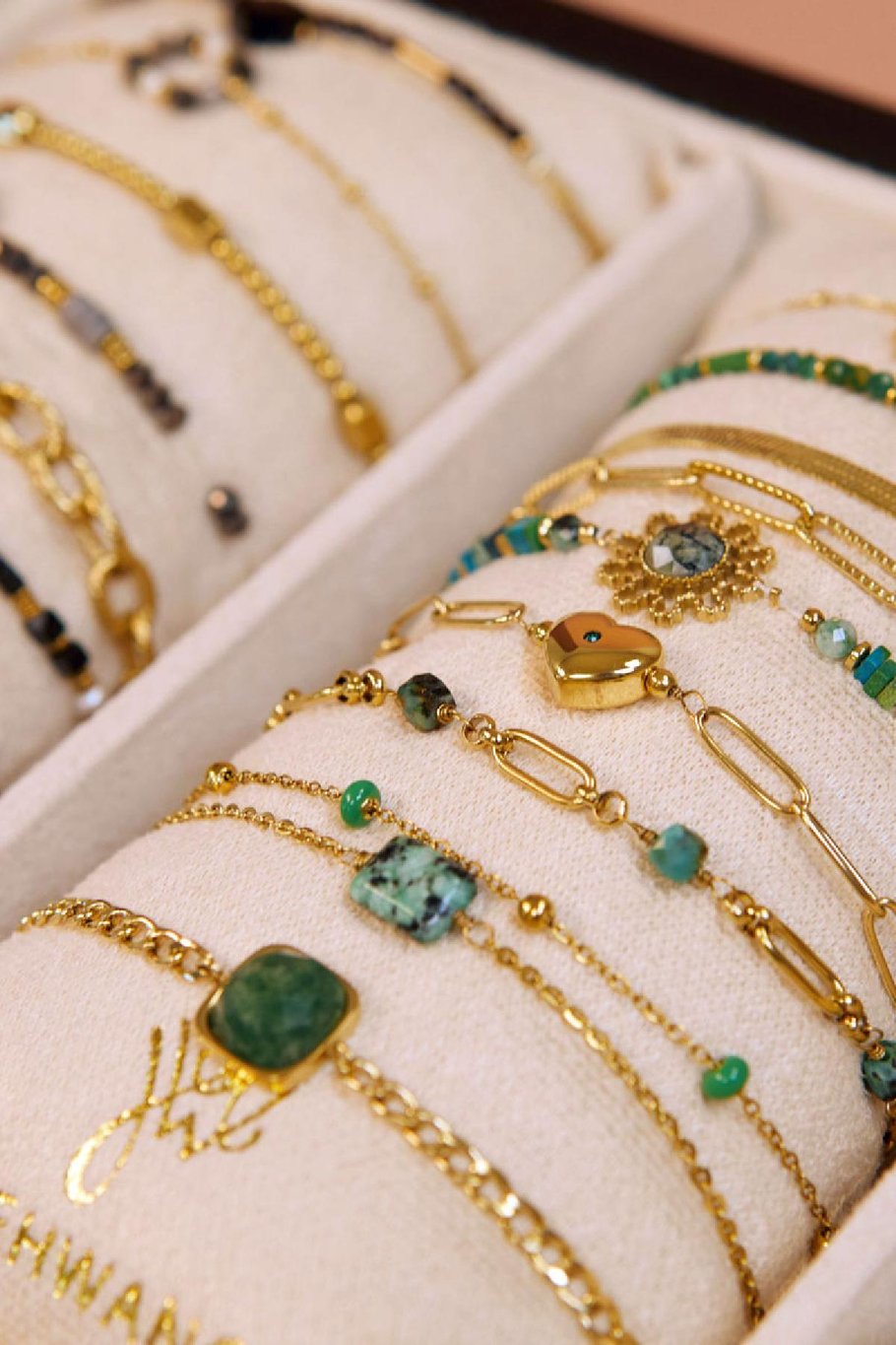 Juego de joyas de exhibición de pulseras gruesas/cuentas Verde &amp; Color dorado Acero inoxidable Imagen2