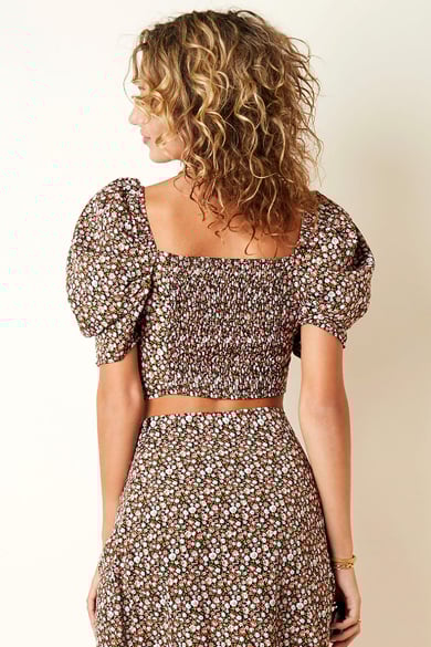 Top corto con frunce, mangas abullonadas y estampado floral Amarillo S h5 Imagen5