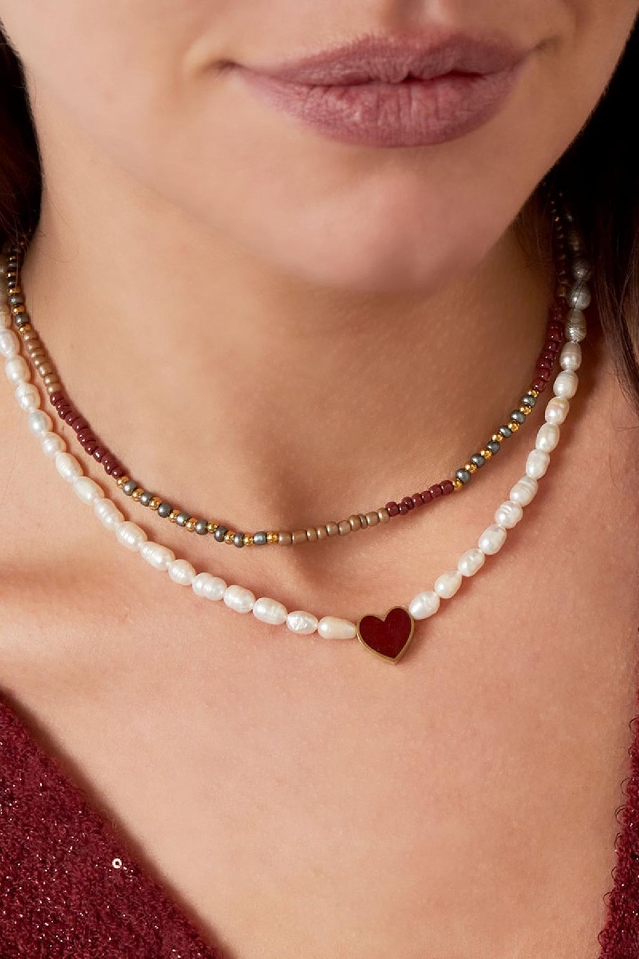 Necklace pearls  with heart Burgundy Picture3