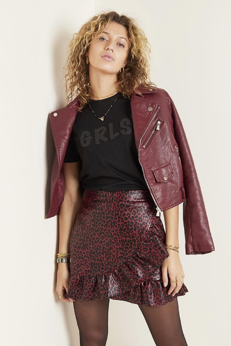Rock Leather Ruffle Panther Weinrot S Bild2
