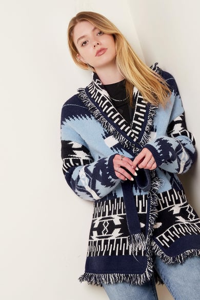 Cardigan lungo boho con frange Blue One size h5 Immagine2
