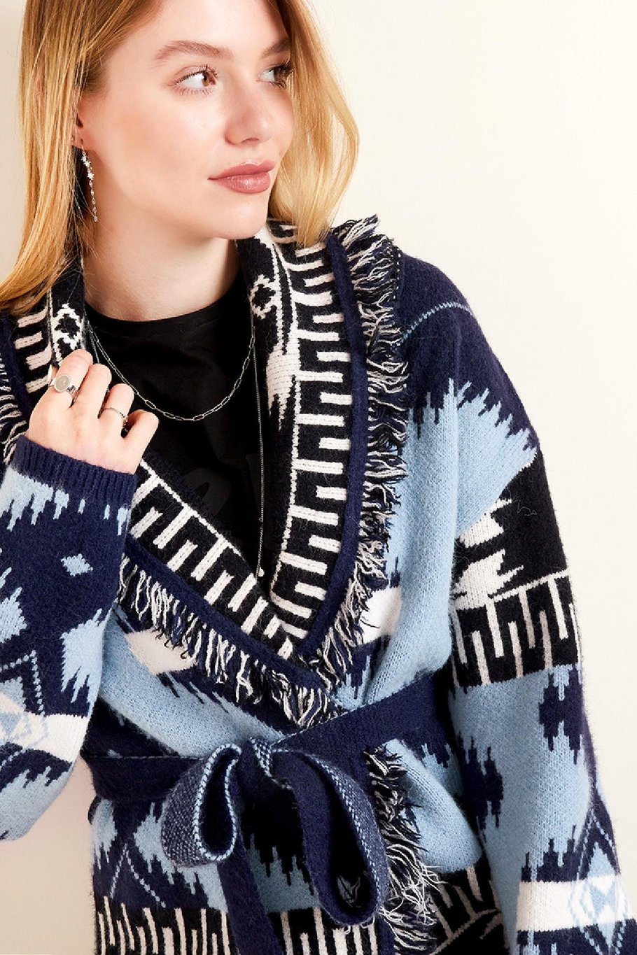 Cardigan lungo boho con frange Blue One size Immagine5