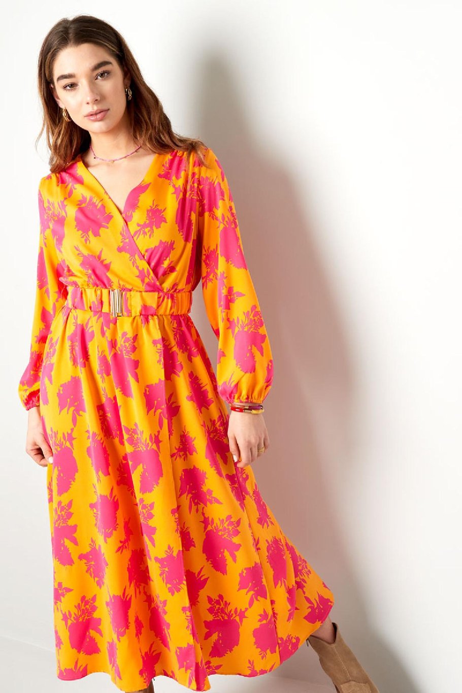 Maxikleid bunt bedruckt mit Gürtel Fuchsia &amp; Gelb S Bild4