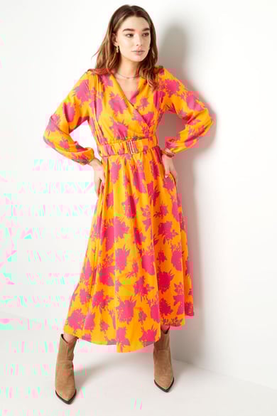 Maxikleid bunt bedruckt mit Gürtel Fuchsia &amp; Gelb S h5 Bild5