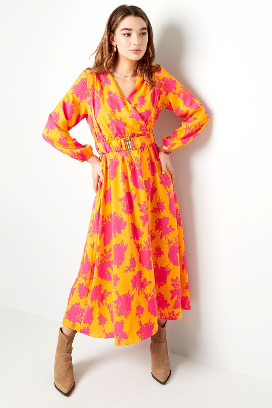 Maxikleid bunt bedruckt mit Gürtel Fuchsia &amp; Gelb S Bild5