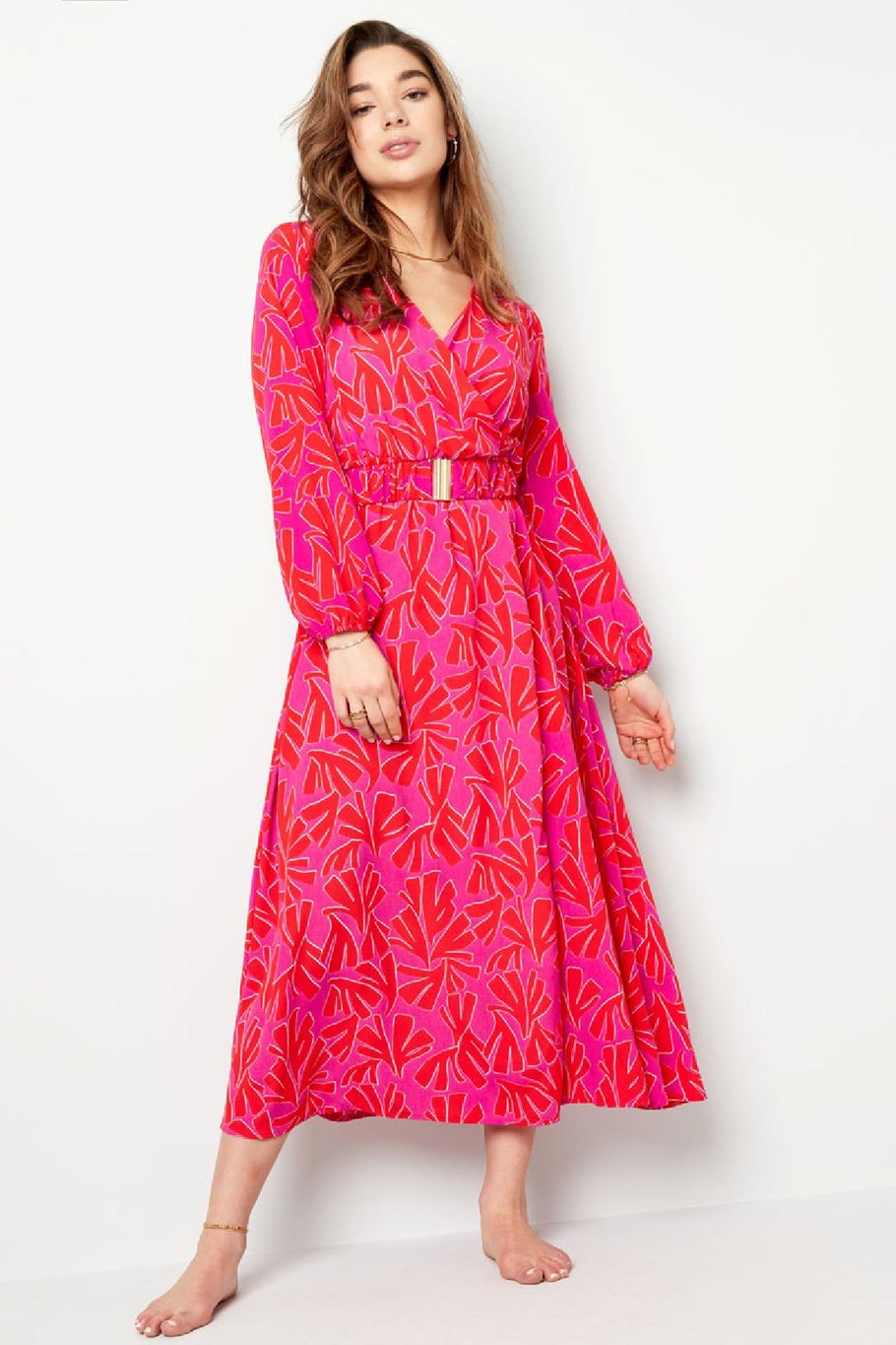 Maxi vestido estampado colorido con cinturón Amarillo S Imagen3