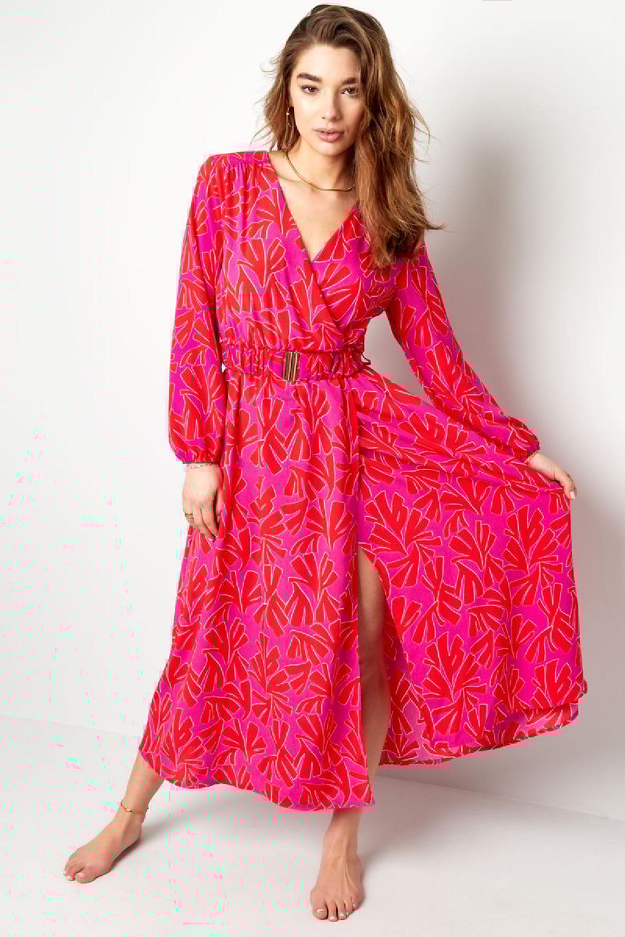 Maxi vestido estampado colorido con cinturón Amarillo S Imagen4