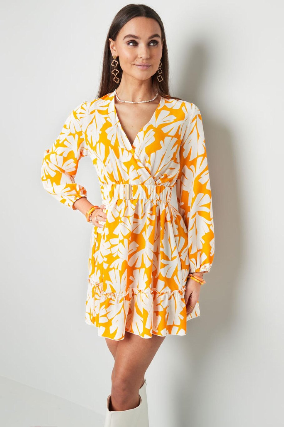 Kleid bunt bedruckt mit Gürtel Gelb S Bild3