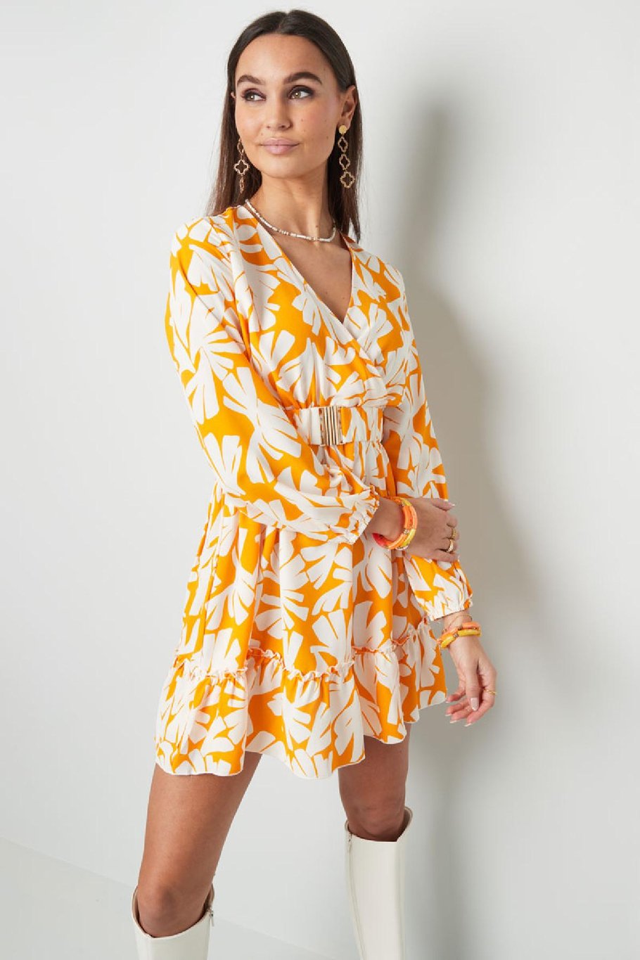 Kleid bunt bedruckt mit Gürtel Gelb S Bild5