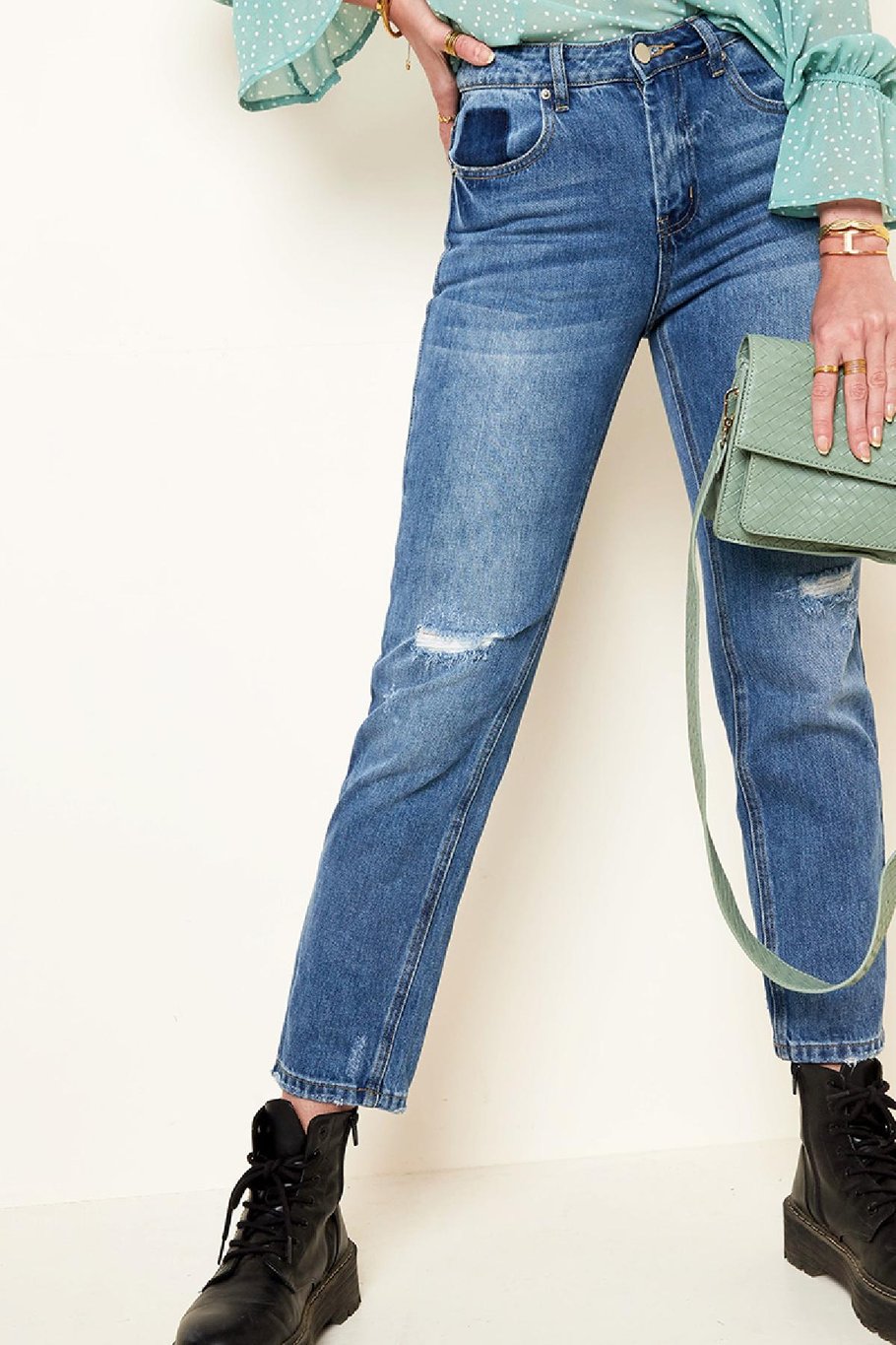 Enkellange jeans met versleten details Blauw XS h5Afbeelding2