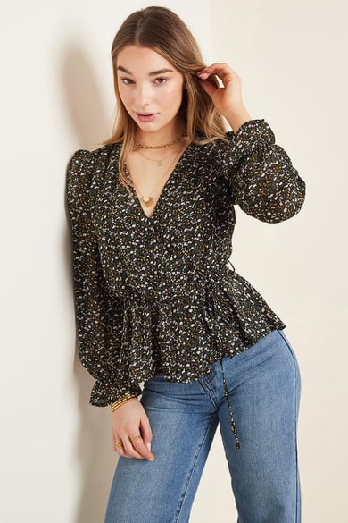 Blusa floral de mangas largas  Negro S h5 Imagen4